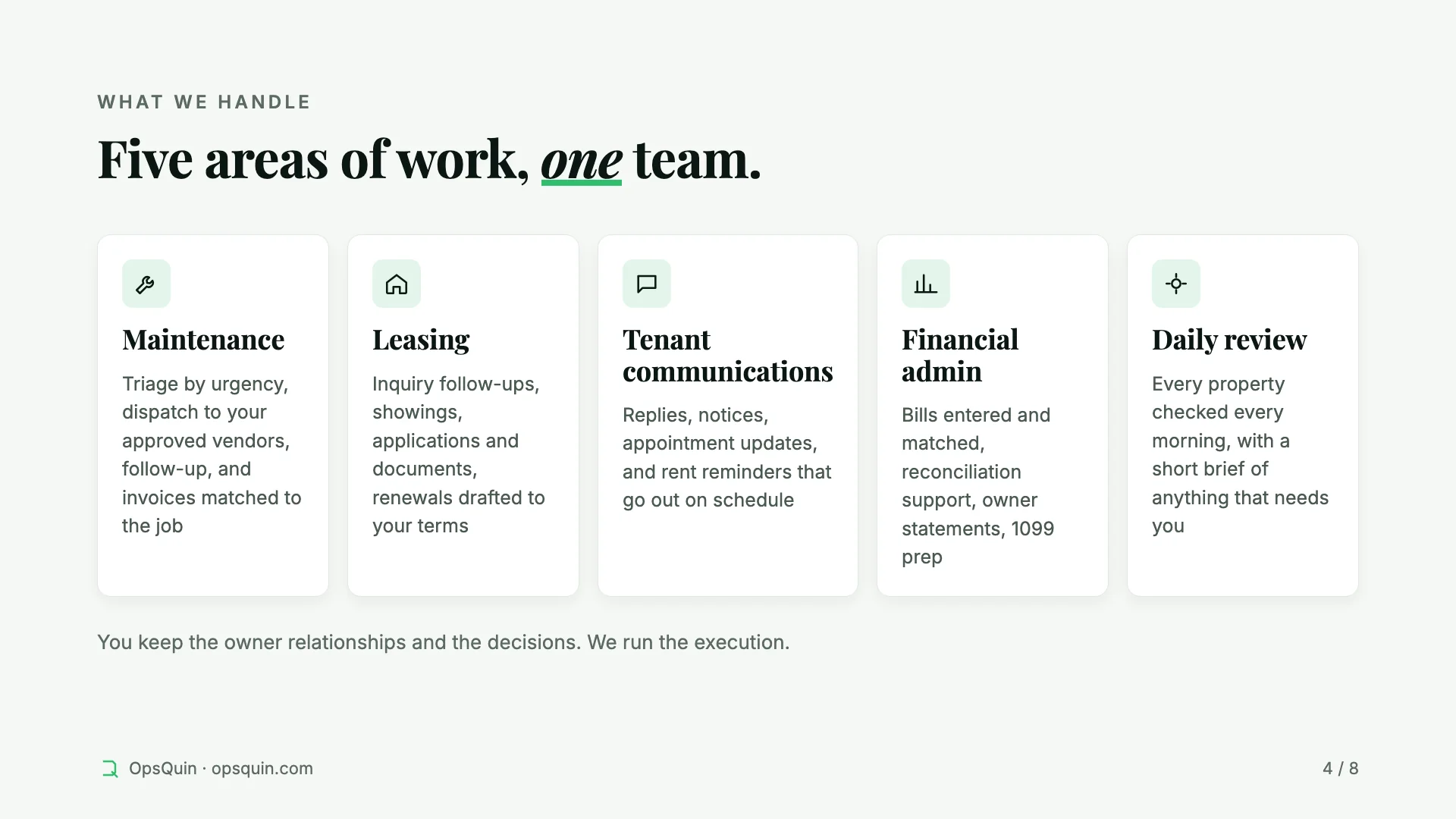 Five areas of work: maintenance, leasing, tenant communications, financial admin and a daily review of every property.